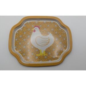 Vtg 1986 Action Industries Chicken Hen Metal Tray Yellow Floral 8x6.5" Farmhouse